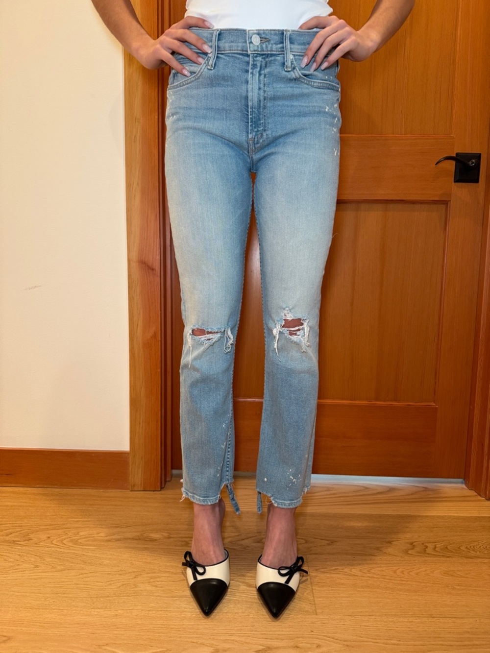 MOTHER Light Blue Distressed High-Rise Cropped Jeans